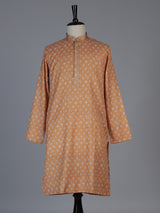 Peach cotton silk printed festive kurta suit for men with elegant mandarin collar