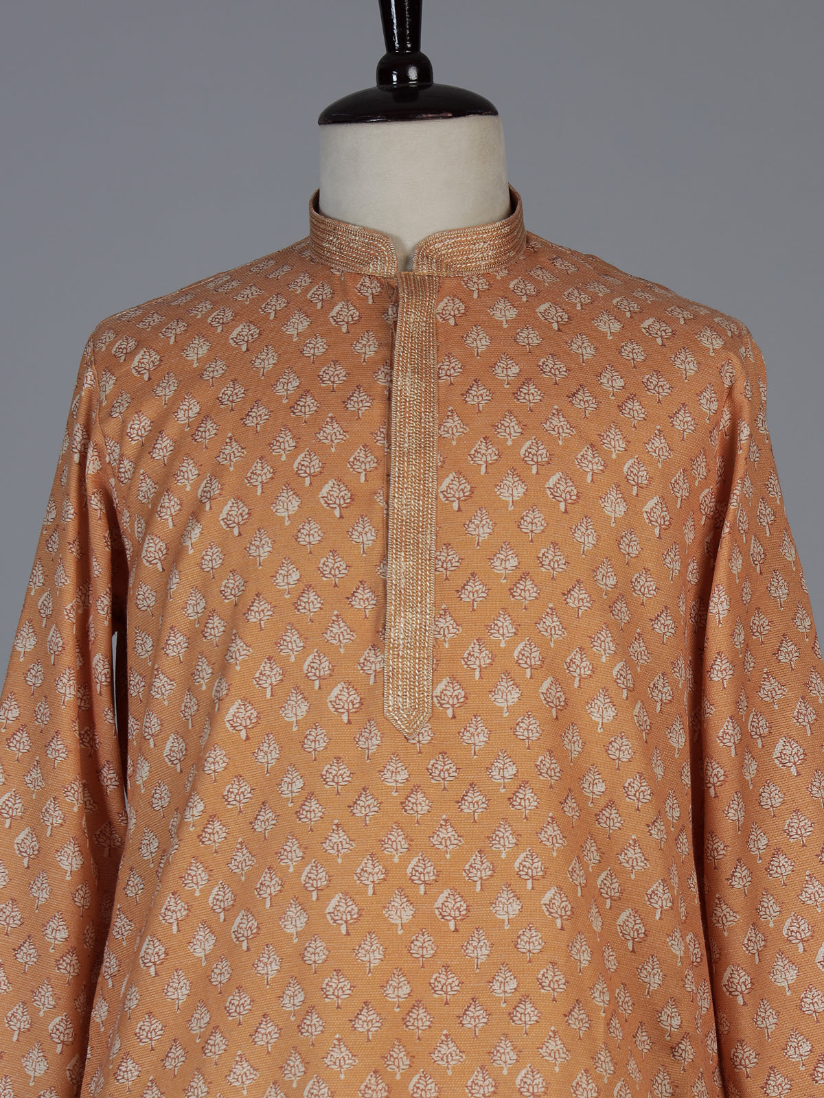 Peach cotton silk printed festive kurta suit for men with elegant mandarin collar