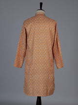Peach cotton silk printed festive kurta suit for men with elegant mandarin collar