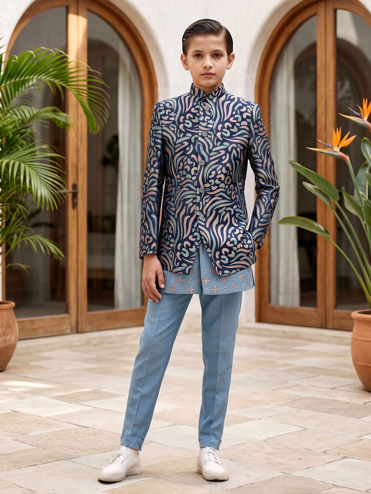 Blue textured embroidered boys indo western
