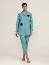 Elegant aqua blue linen co ord set with delicate threadwork