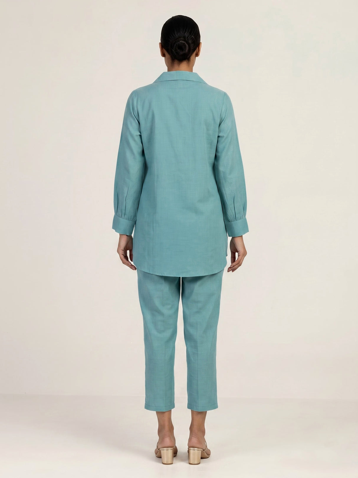 Elegant aqua blue linen co ord set with delicate threadwork