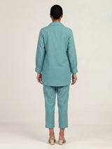 Elegant aqua blue linen co ord set with delicate threadwork