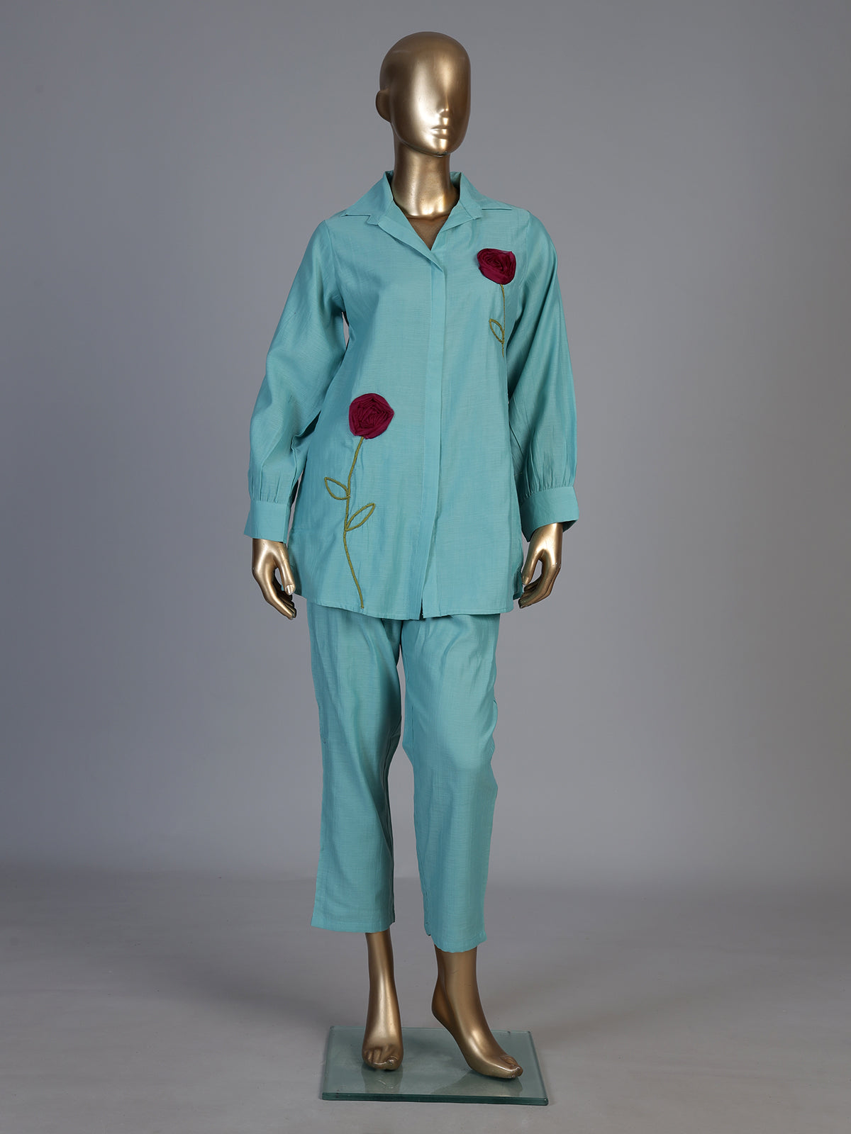 Elegant aqua blue linen co ord set with delicate threadwork