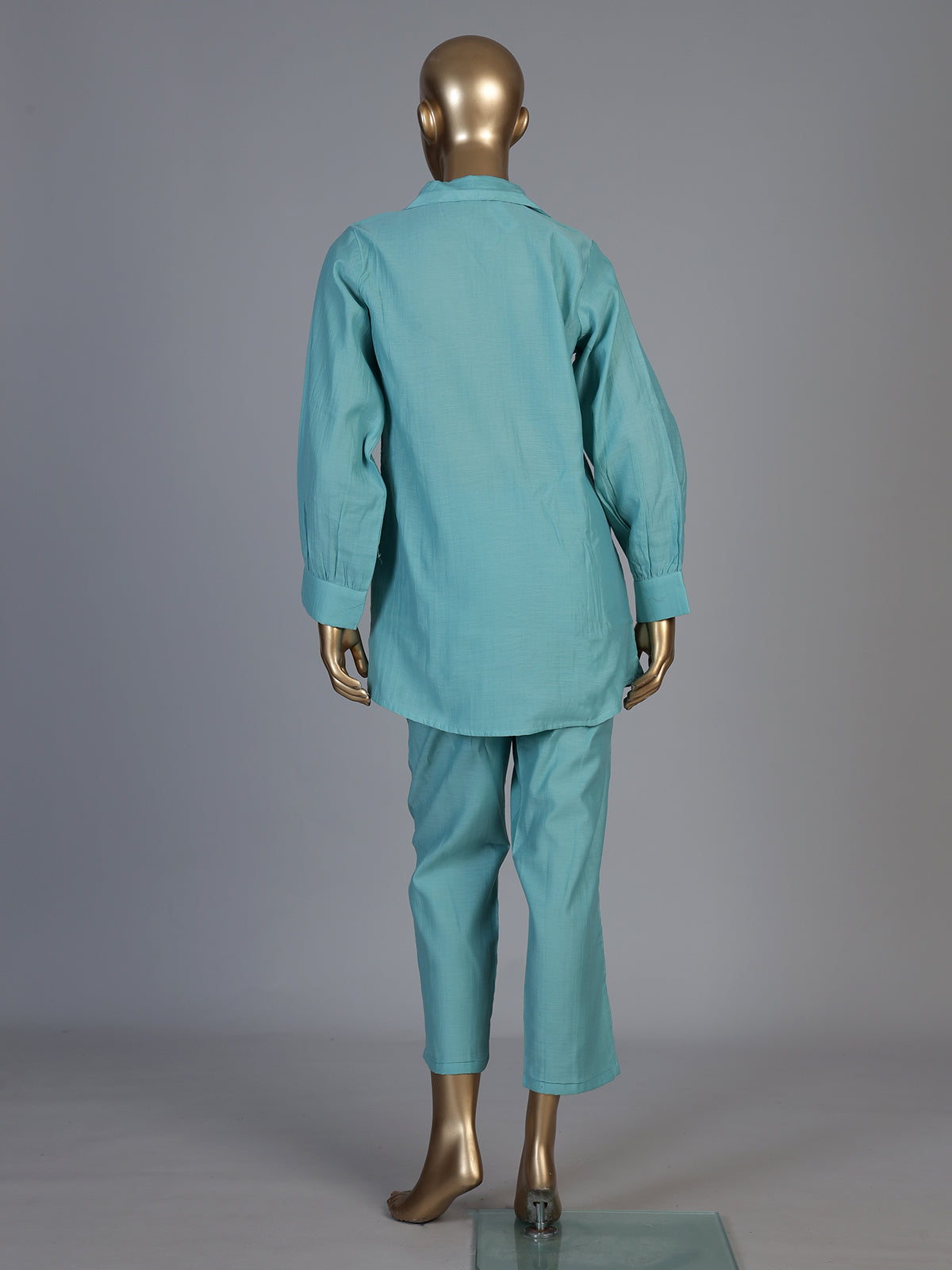 Elegant aqua blue linen co ord set with delicate threadwork