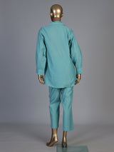 Elegant aqua blue linen co ord set with delicate threadwork