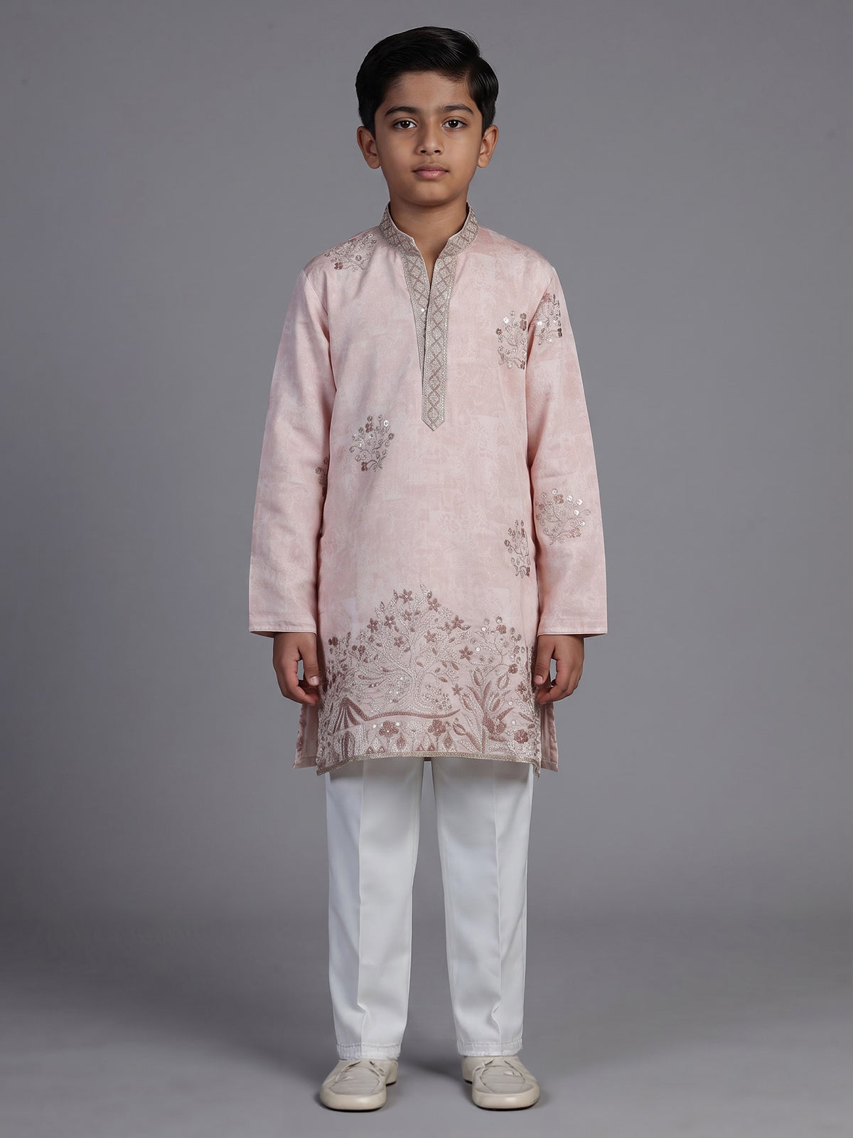 Pink silk blend kurta suit for boys with elegant embroidery