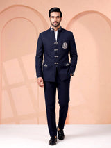 Midnight navy Jodhpuri suit with silver crest embroidery