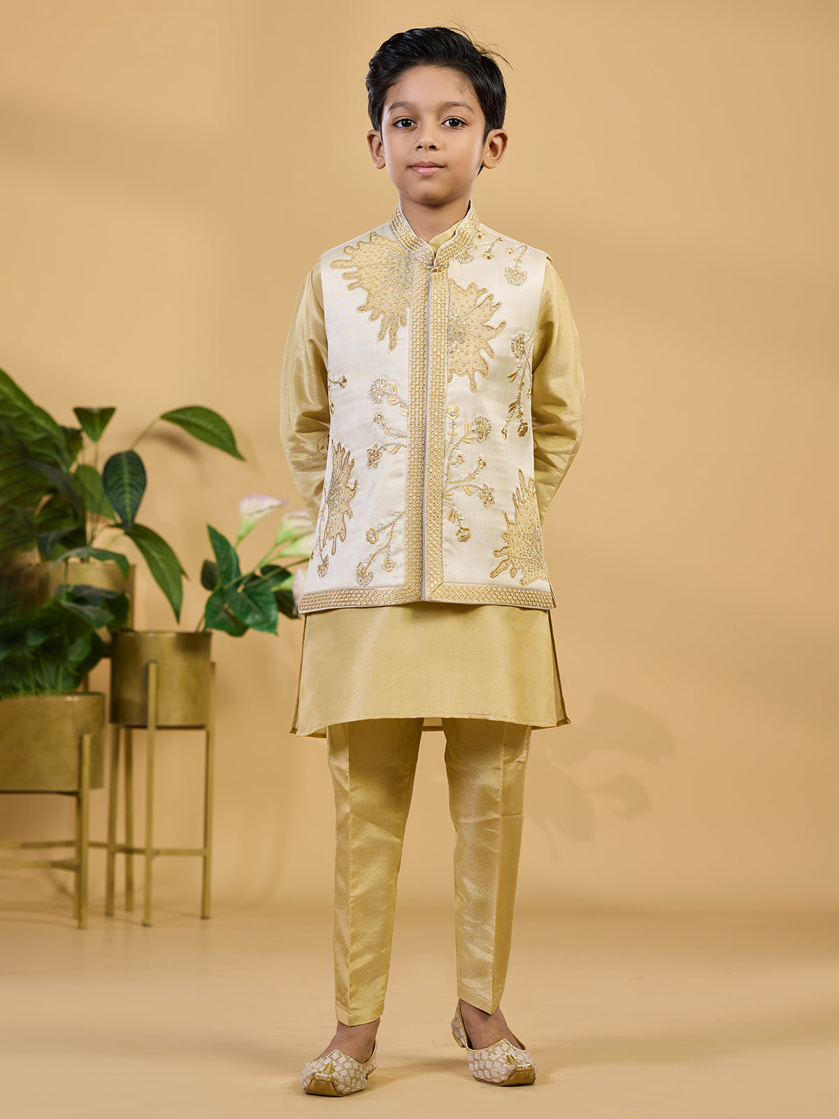 Khaki silk waistcoat set with rich embroidered accents