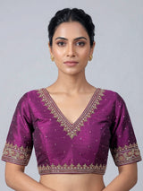 Purple raw silk embellished V neck blouse