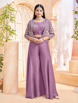 Purple silk designer jacket style palazzo suit for wedding wear