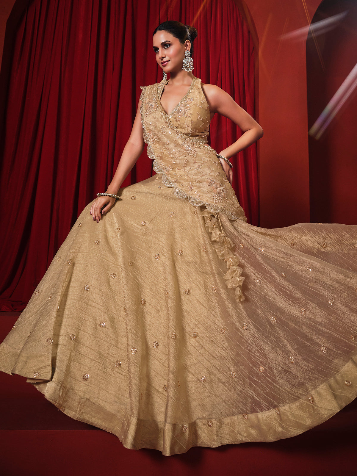 Golden chiffon tissue silk designer lehenga choli