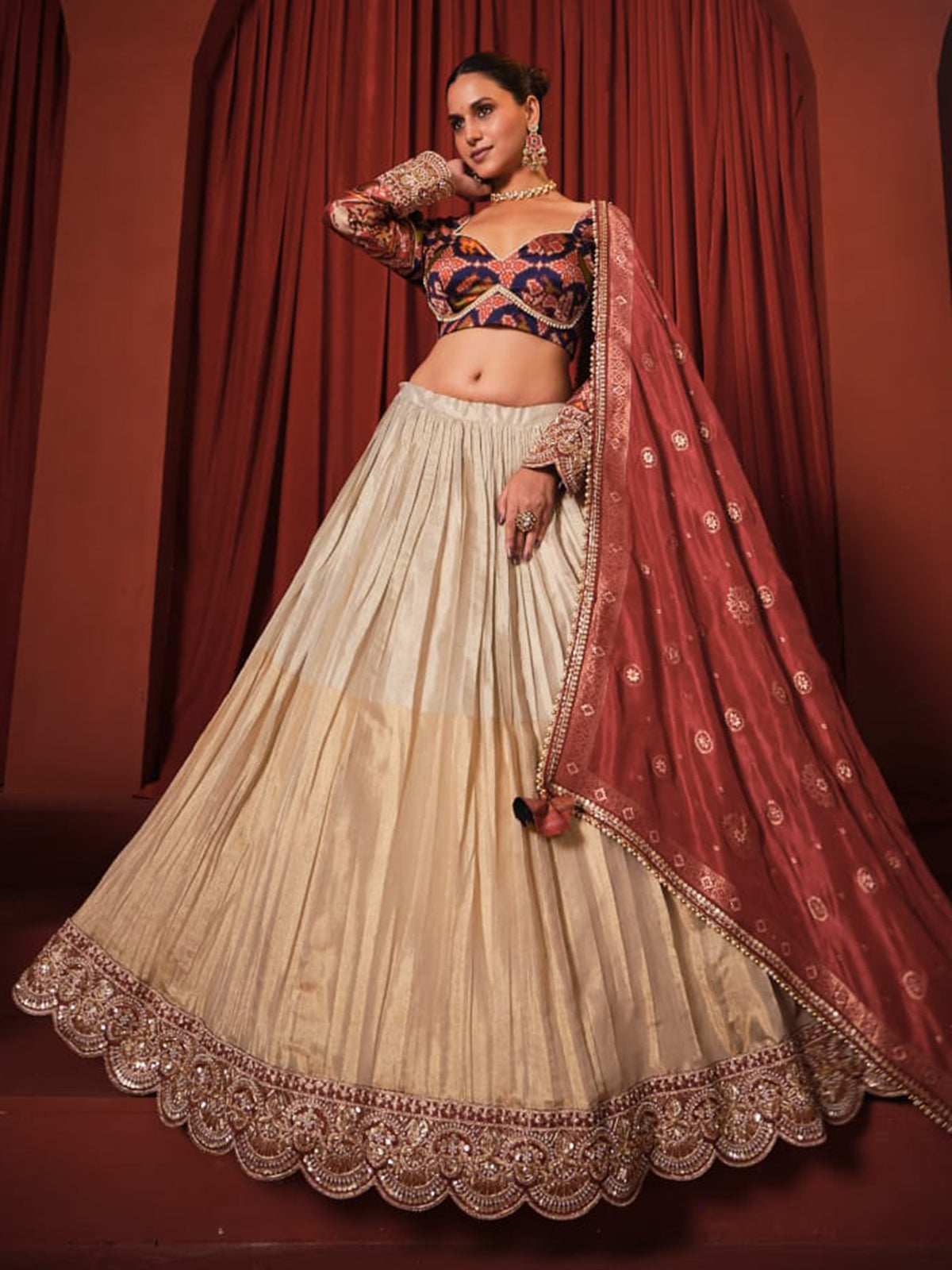 Cream silk zardosi lehenga choli for wedding wear