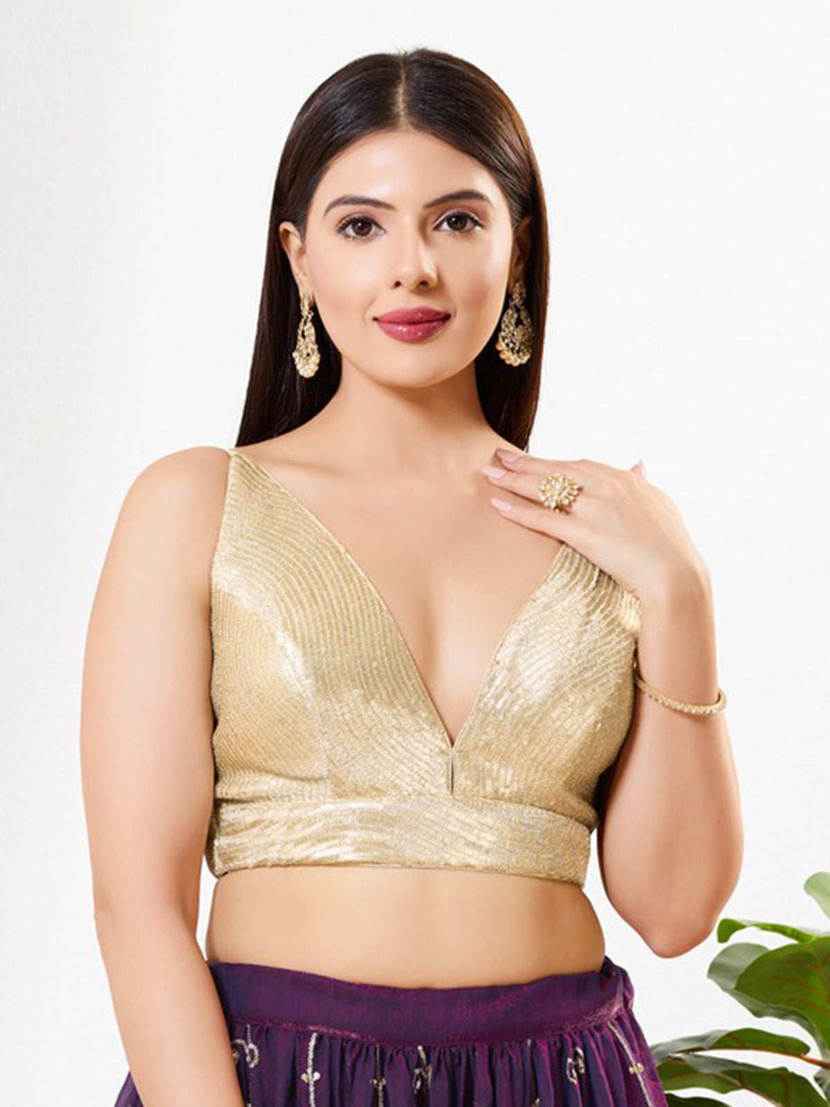 Antique gold sequins V neck sleeveless blouse