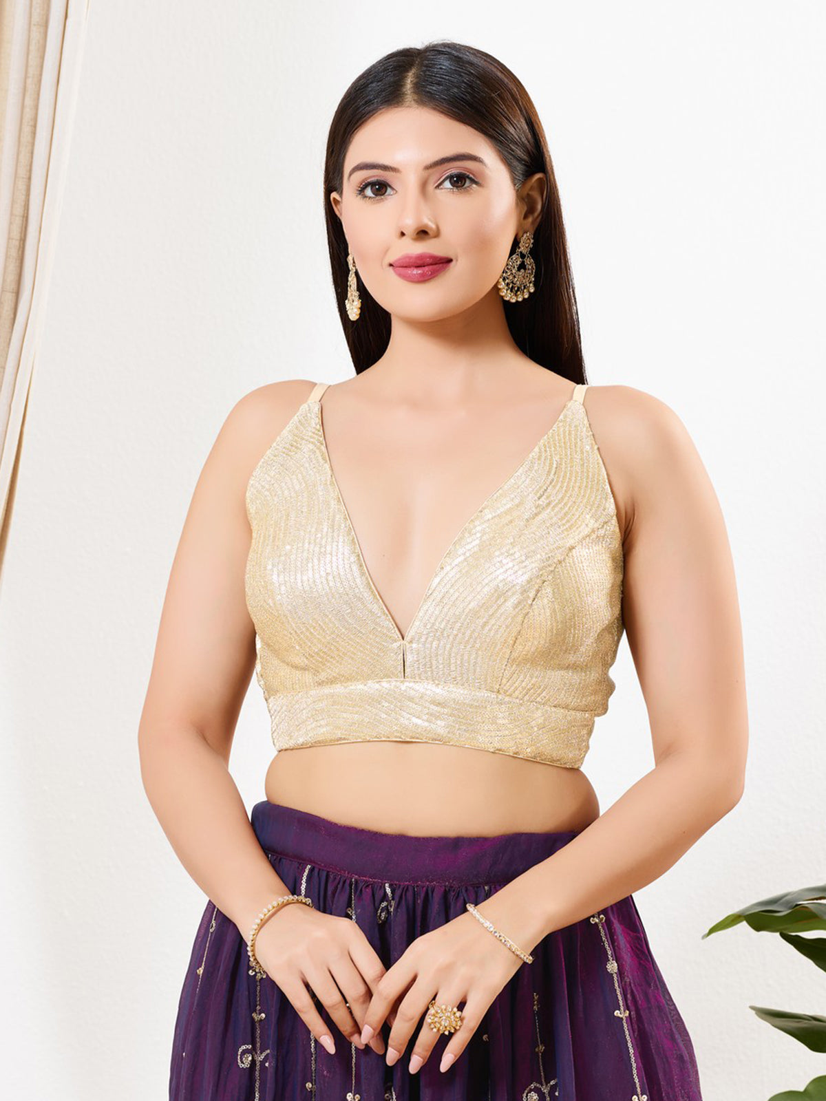 Antique gold sequins V neck sleeveless blouse