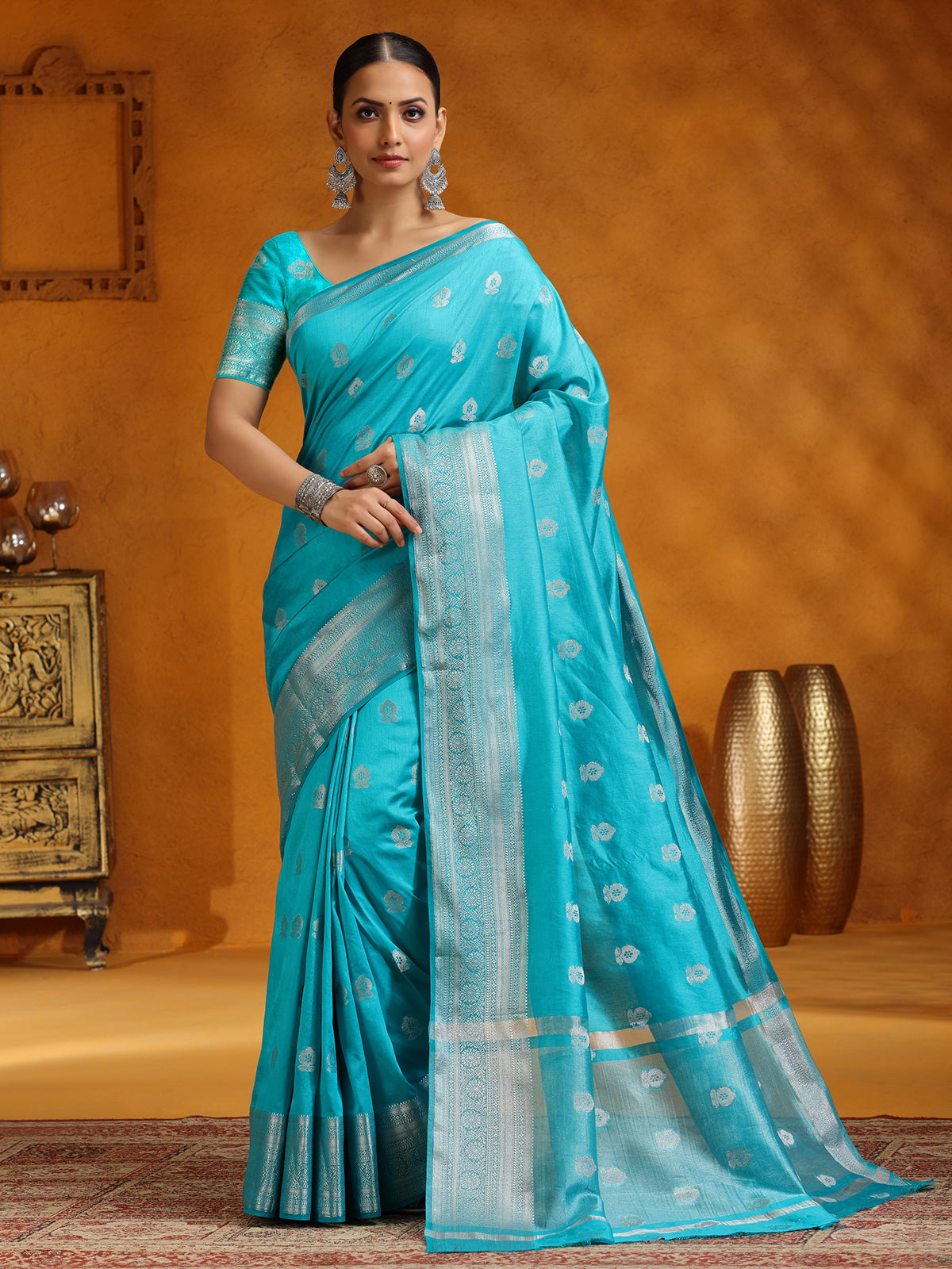Aqua silk saree for festivals