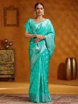 Aqua silk saree with silver weaving