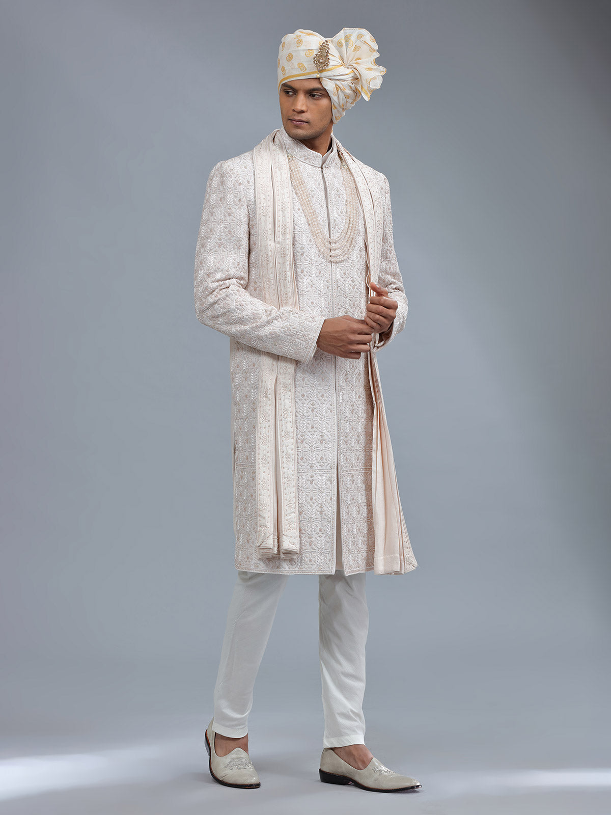 Awesome light peach raw silk sherwani for groom