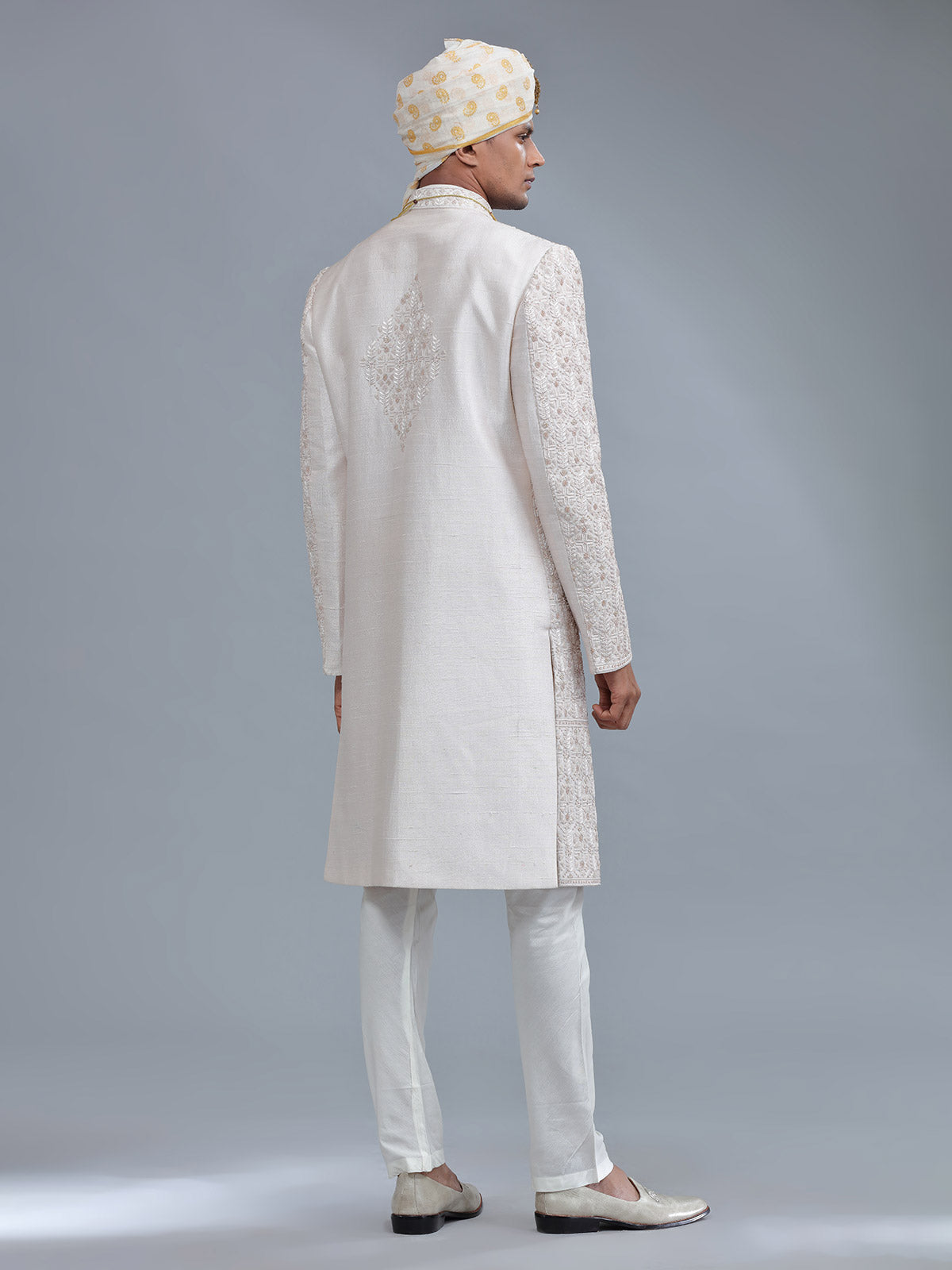 Awesome light peach raw silk sherwani for groom