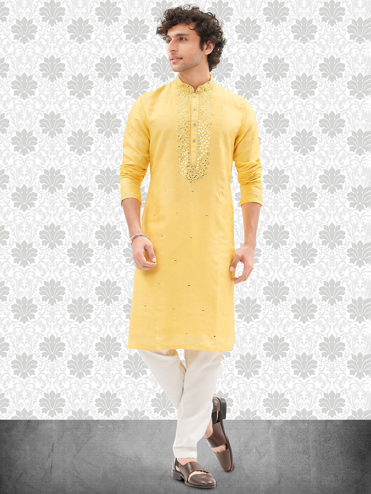 Awesome yellow cotton silk kurta set for men