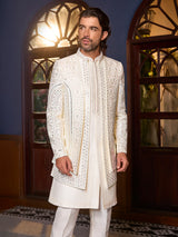 Beige art silk aabla work indo western jacket