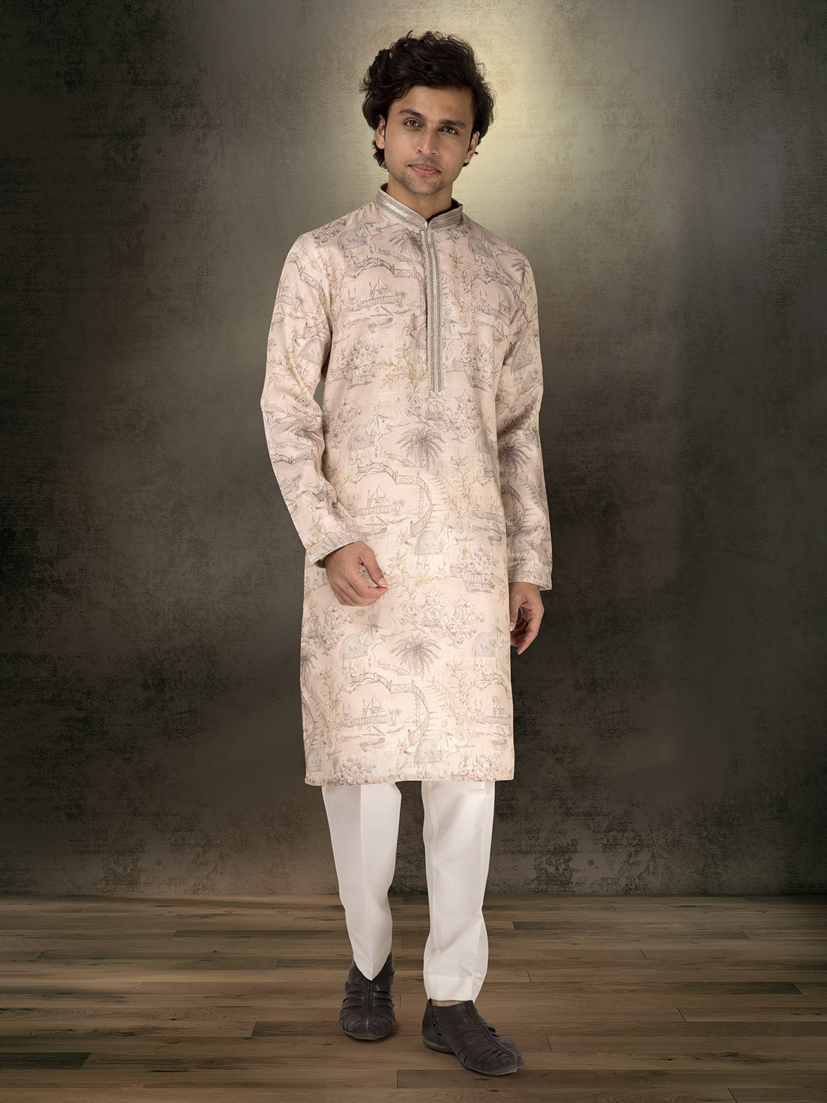 Beige chanderi silk printed kurta suit for festive wear