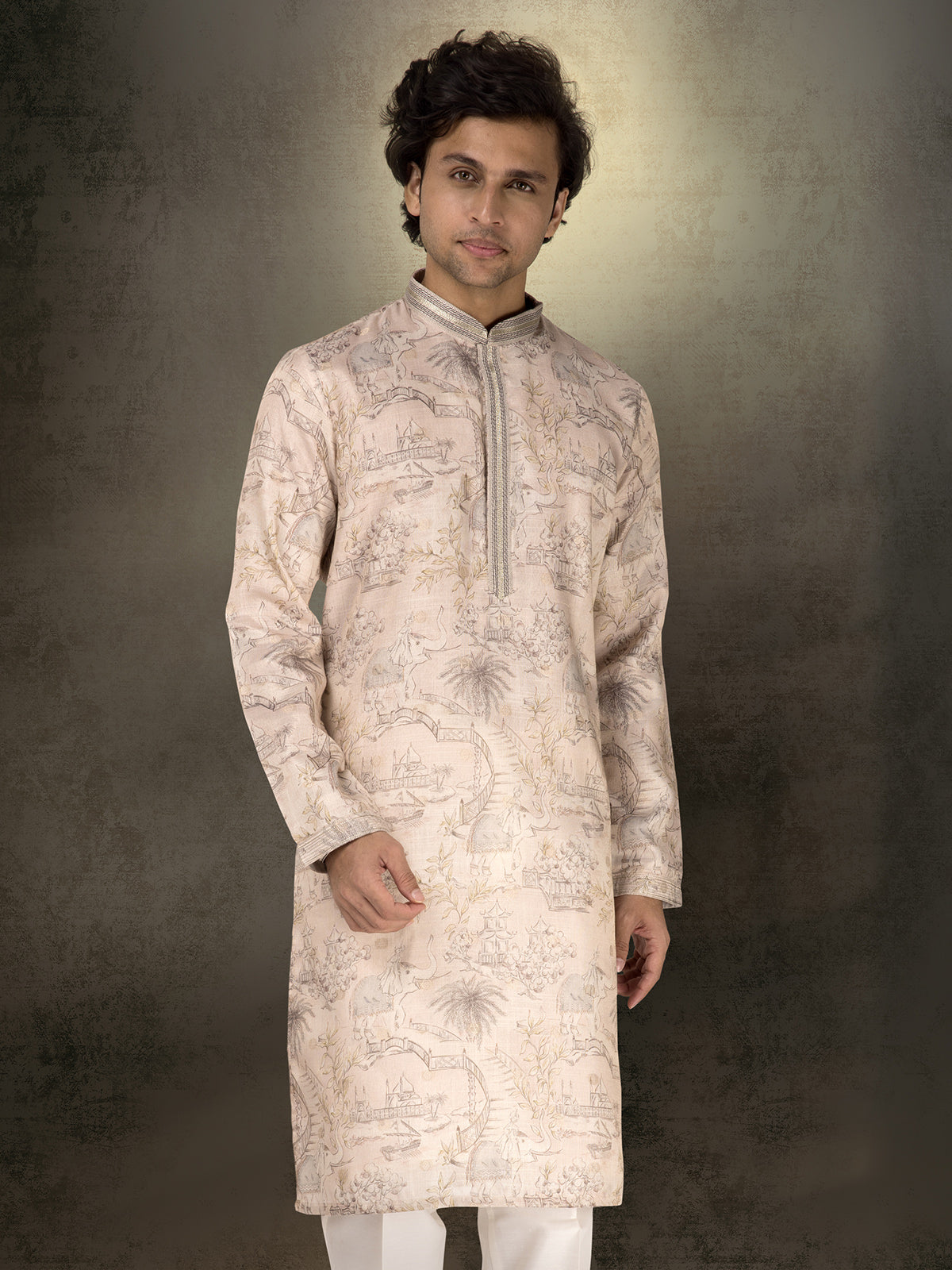 Beige chanderi silk printed kurta suit for festive wear