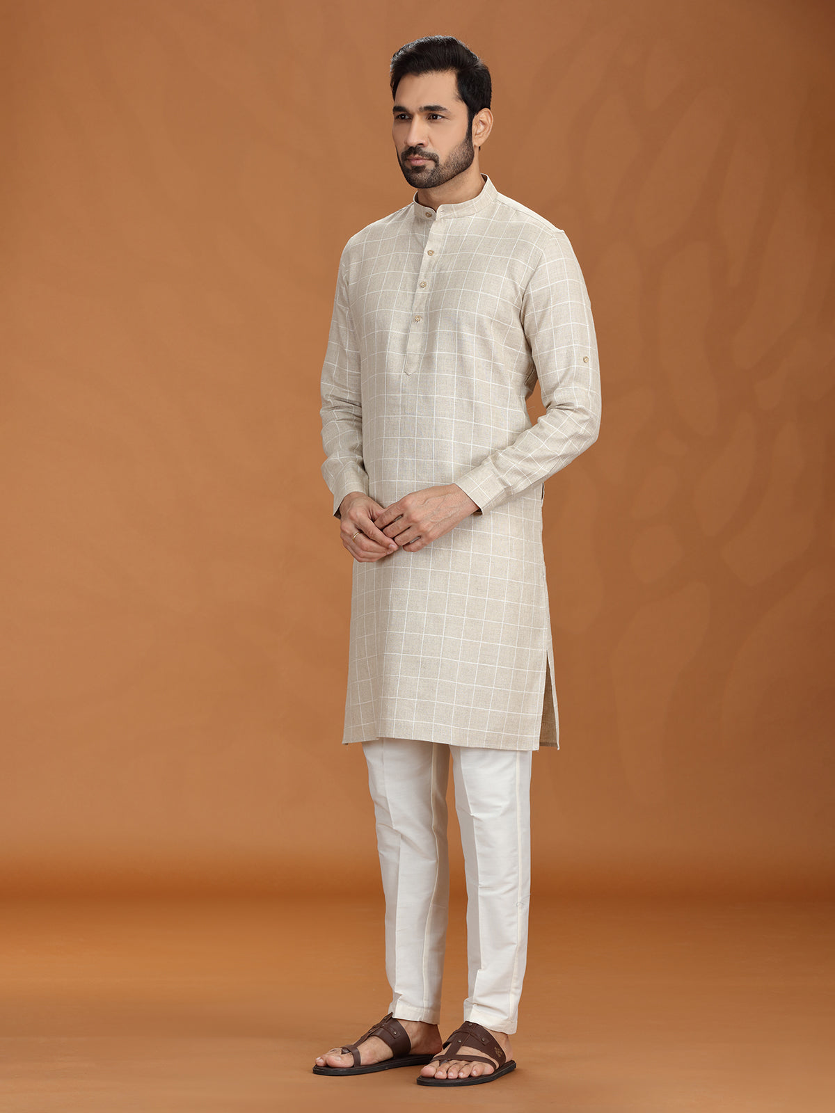 Beige checked linen kurta set for mens