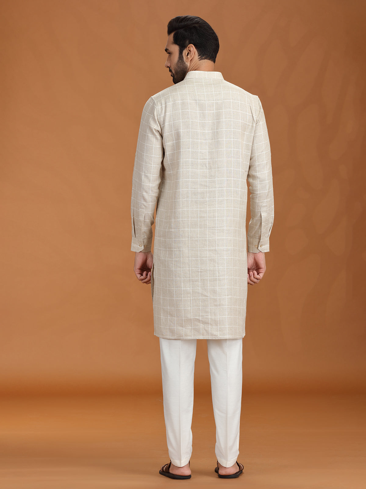 Beige checked linen kurta set for mens