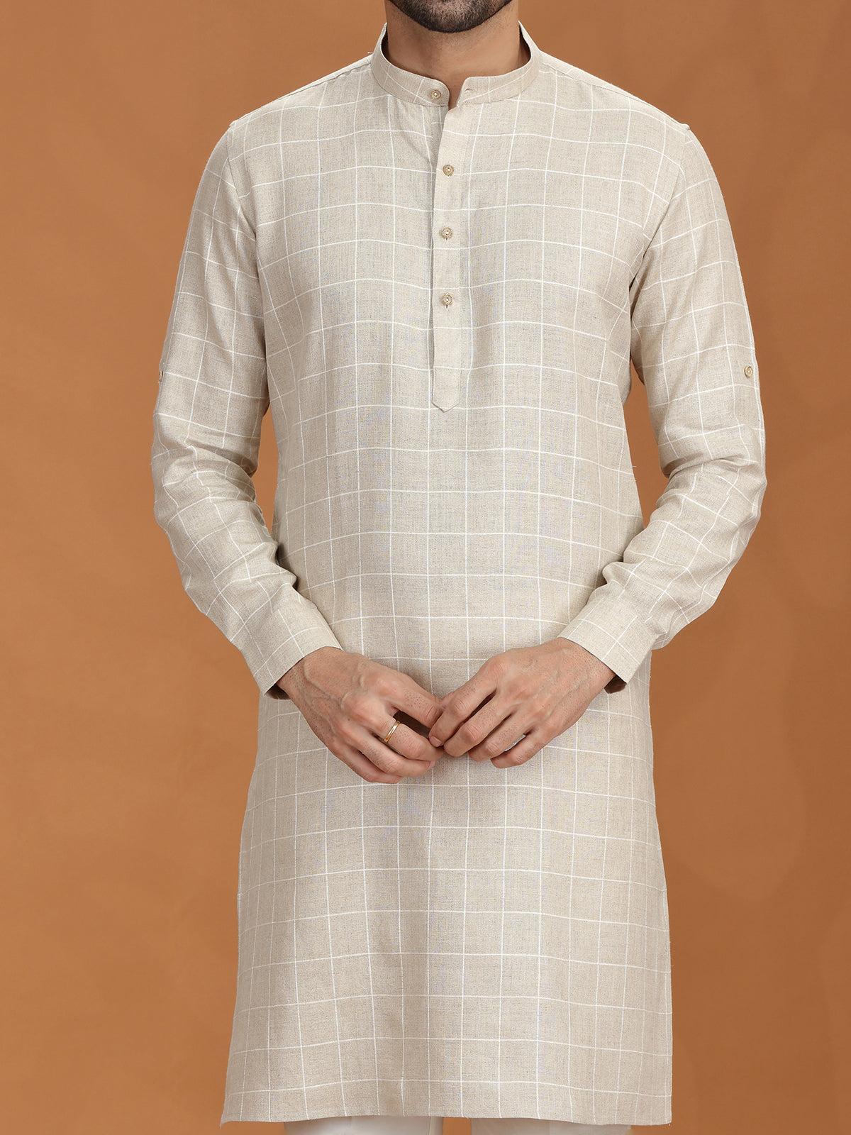Beige checked linen kurta set for mens