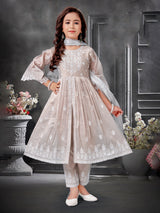 Beige chiffon salwar suit with embroidery and sequins