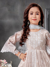 Beige chiffon salwar suit with embroidery and sequins