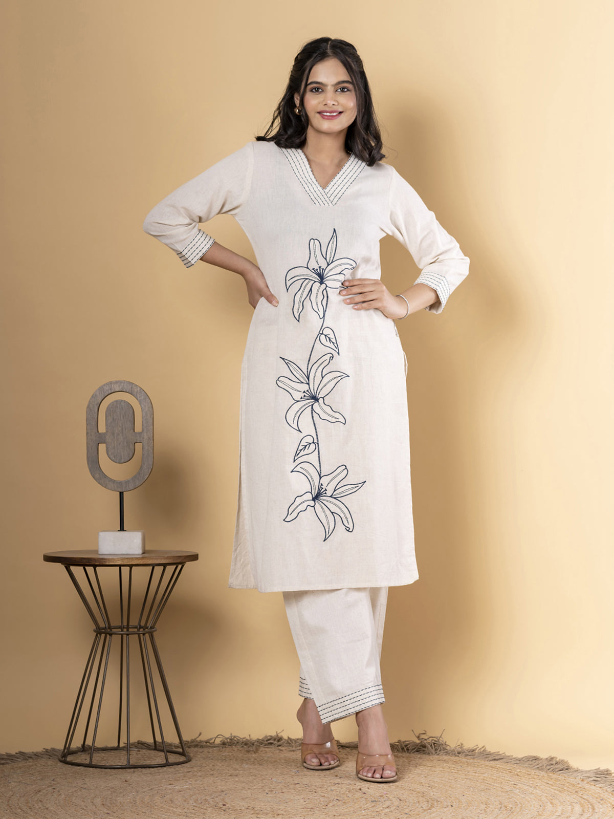 Beige cotton kurti palazzo set