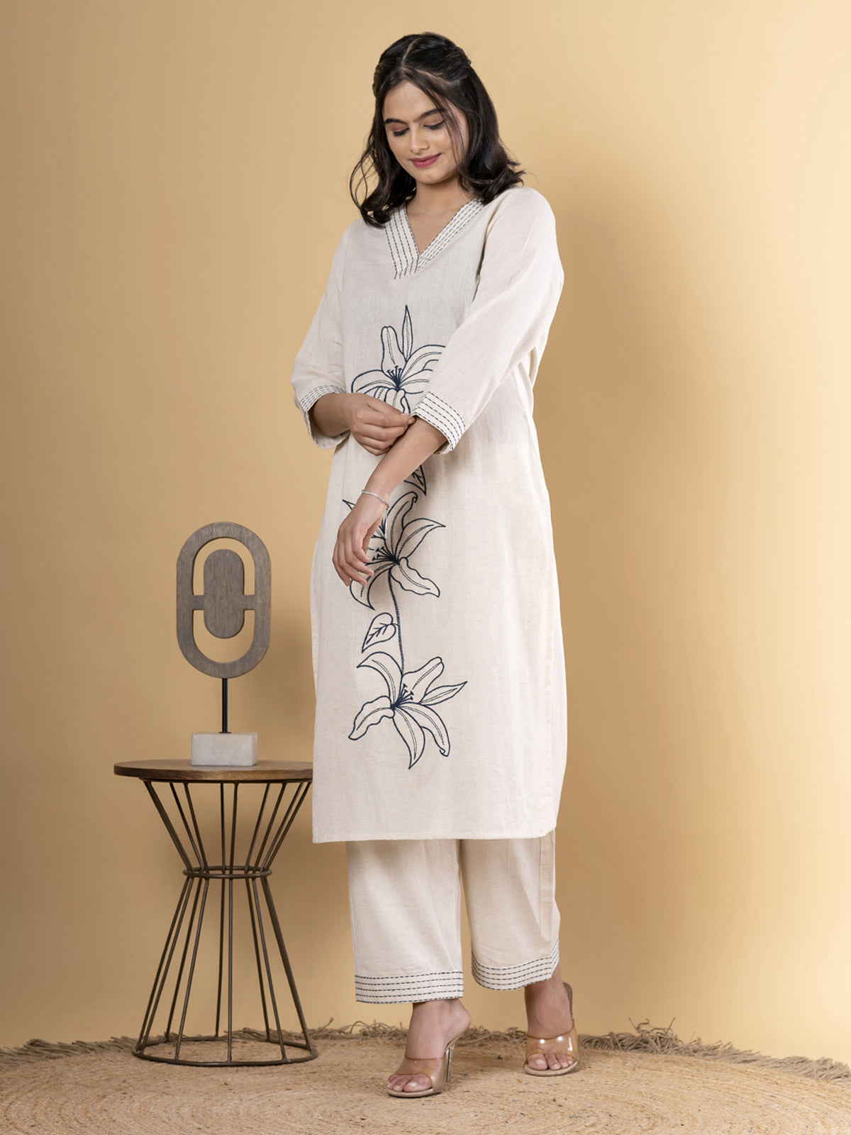 Beige cotton kurti palazzo set