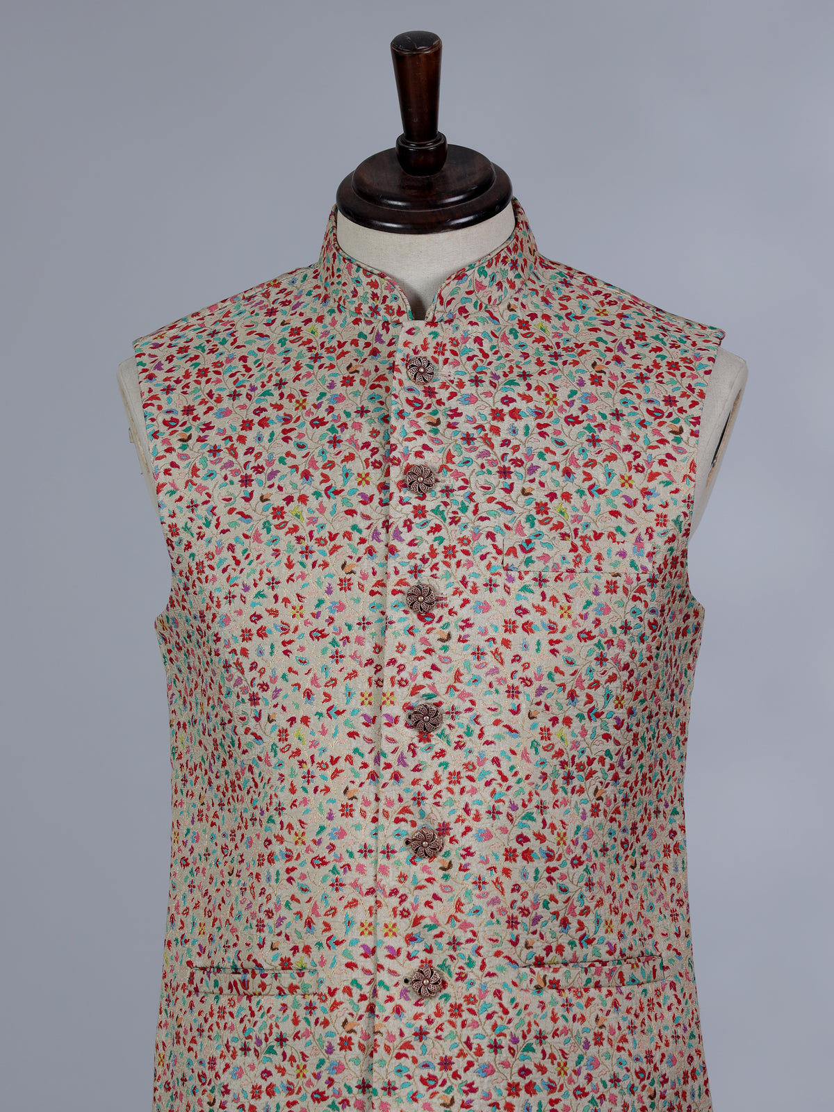 Beige cotton silk waistcoat with colorful motifs