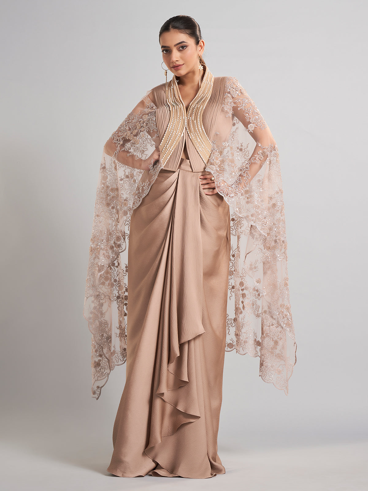 Beige designer indo western set with shrug