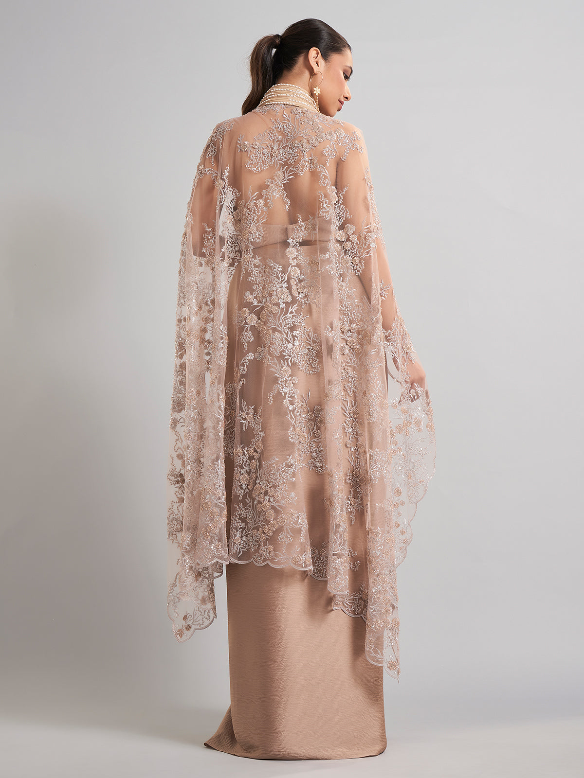 Beige designer indo western set with shrug