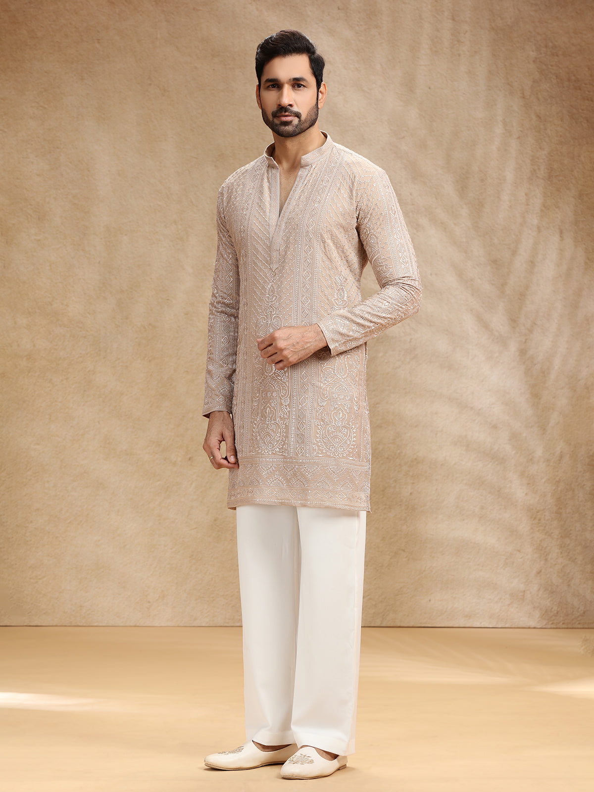 Beige georgette men kurta pajama with rich embroidery