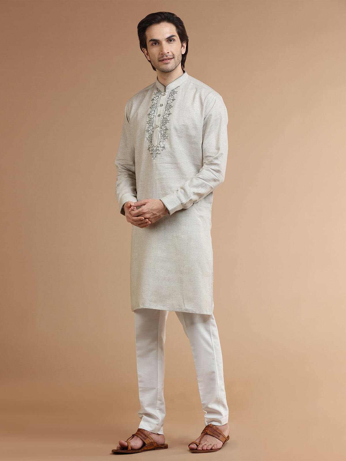 Beige linen festive kurta suit