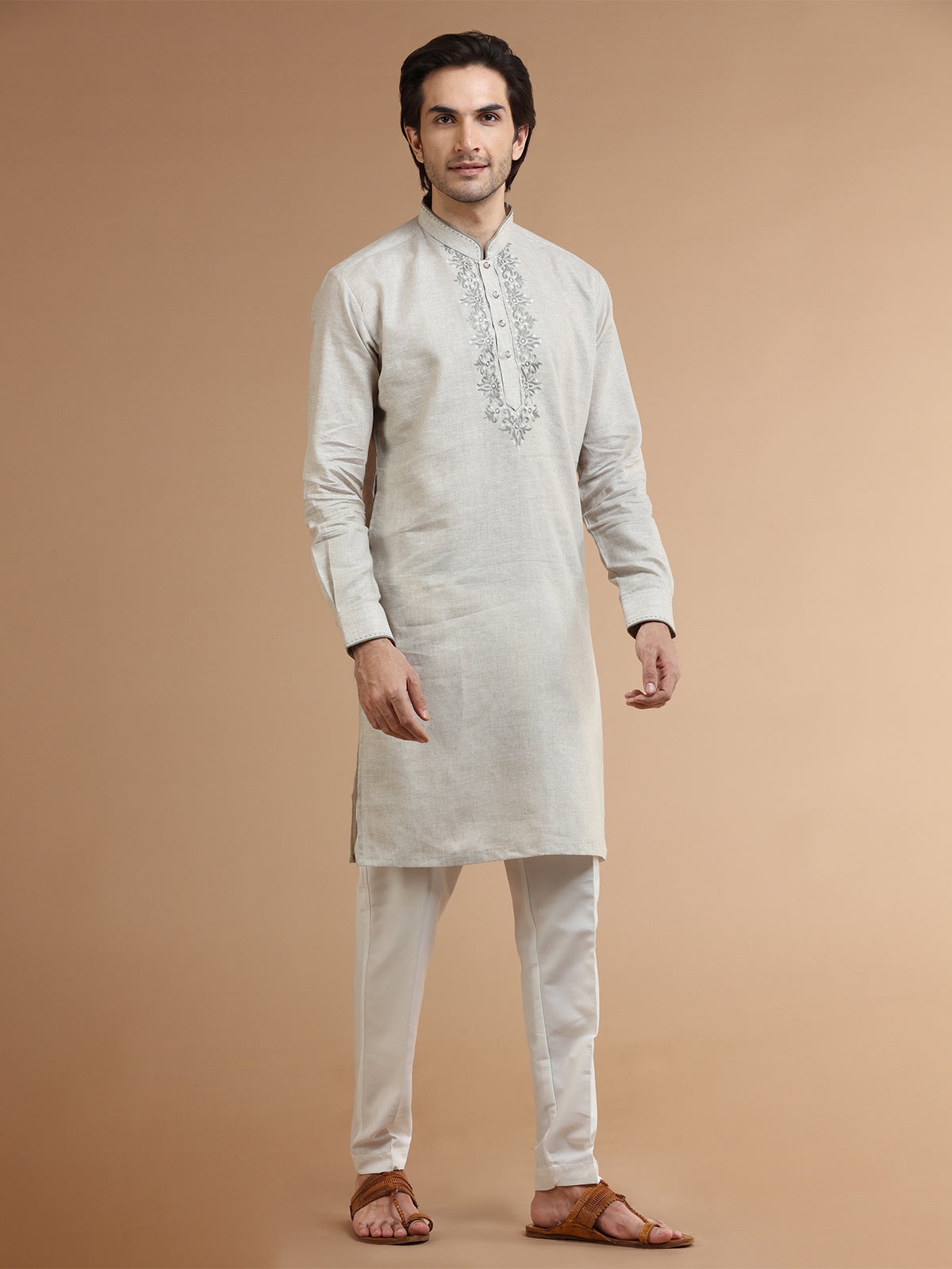 Beige linen festive kurta suit
