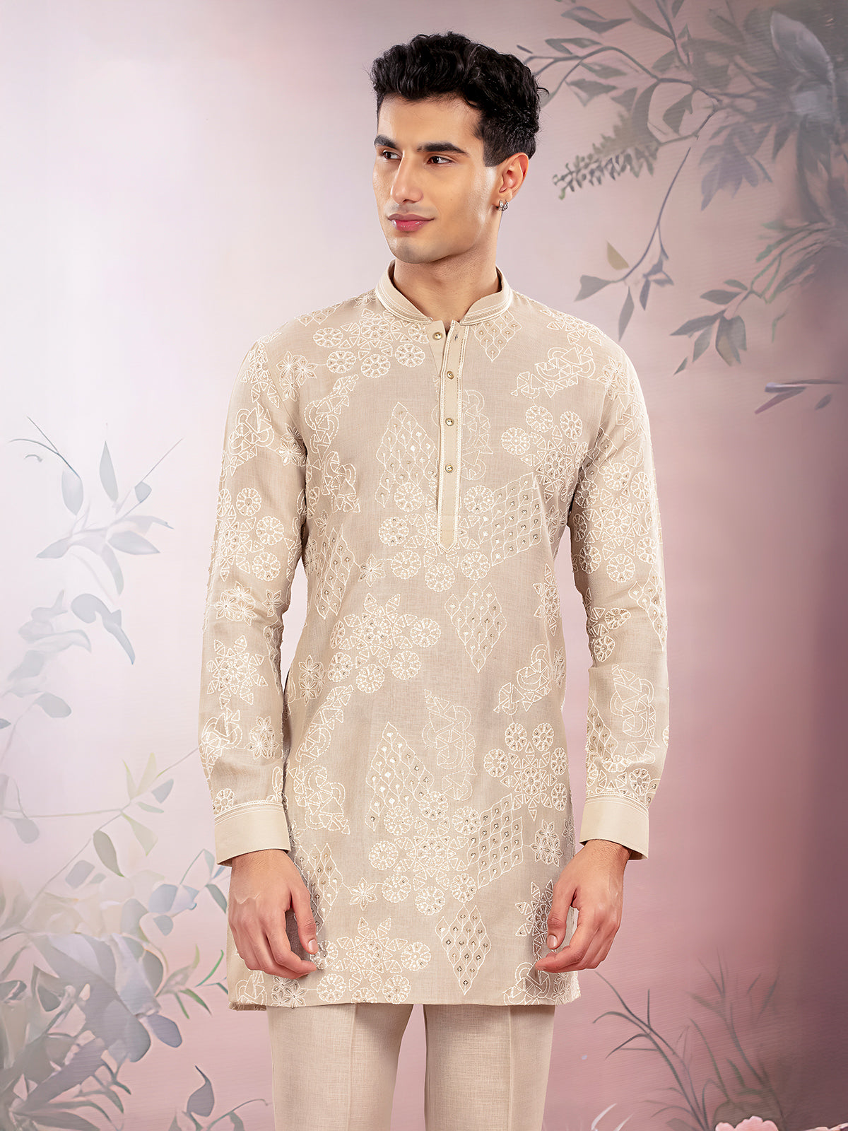 Beige linen kurta suit with thread and sequins work