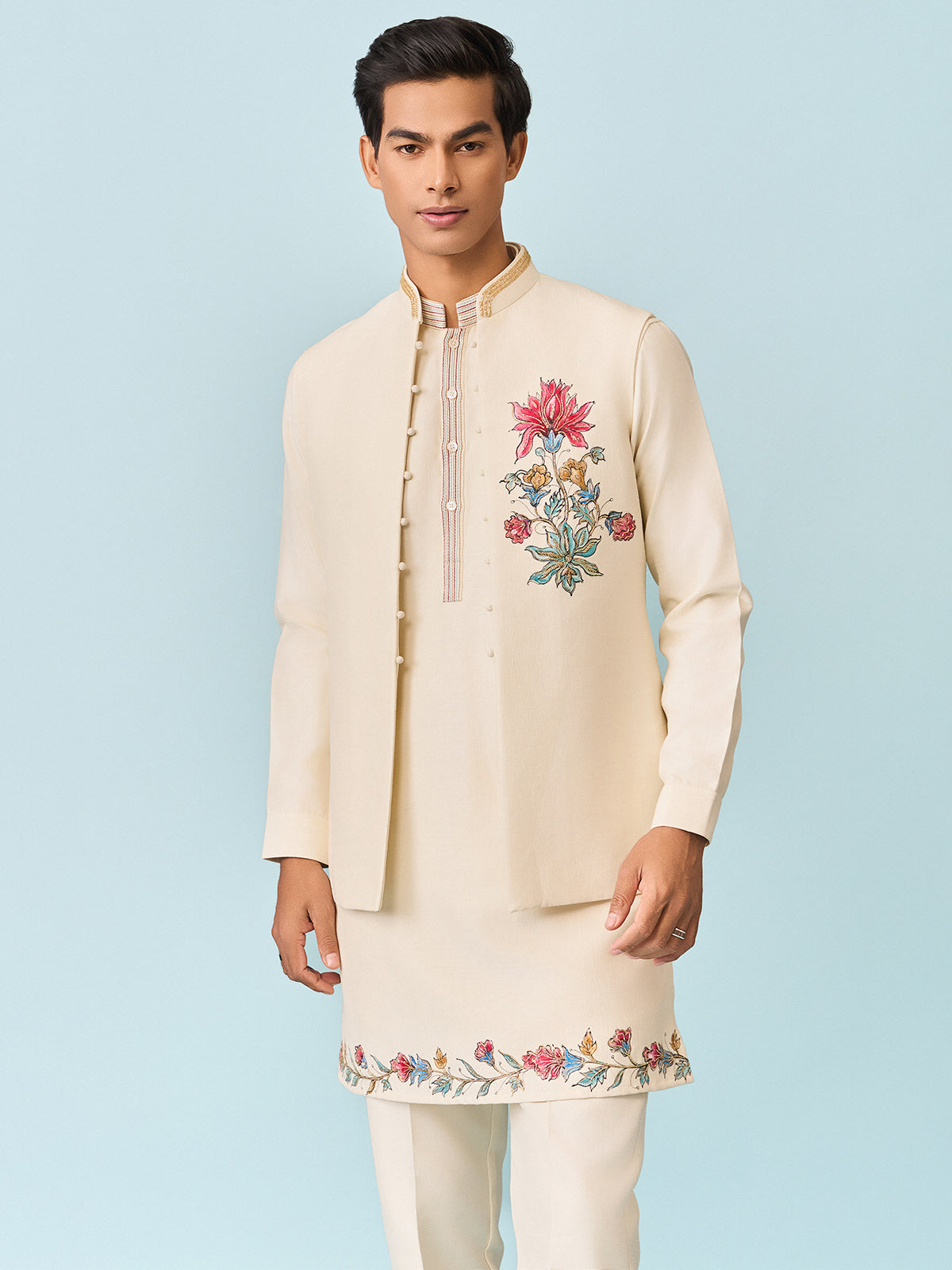 Beige lotus blossam hand printed mens waistcoat set