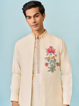 Beige lotus blossam hand printed mens waistcoat set