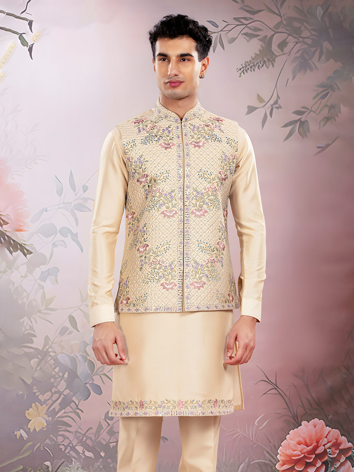 Beige men silk waistcoat set for wedding