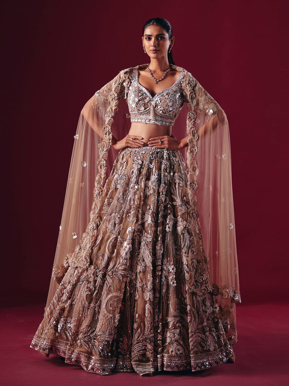 Beige net designer diamond lehenga choli