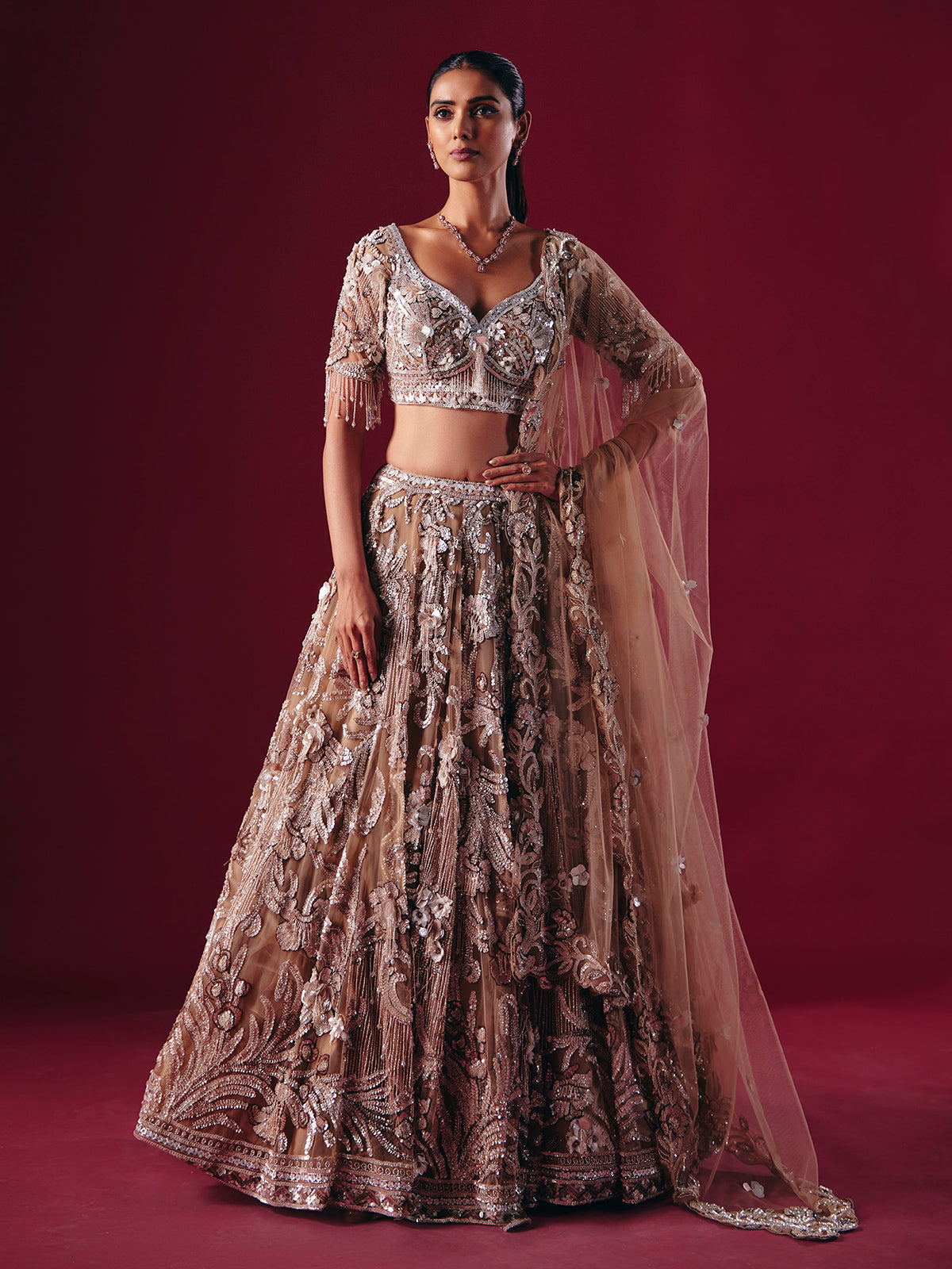 Beige net designer diamond lehenga choli