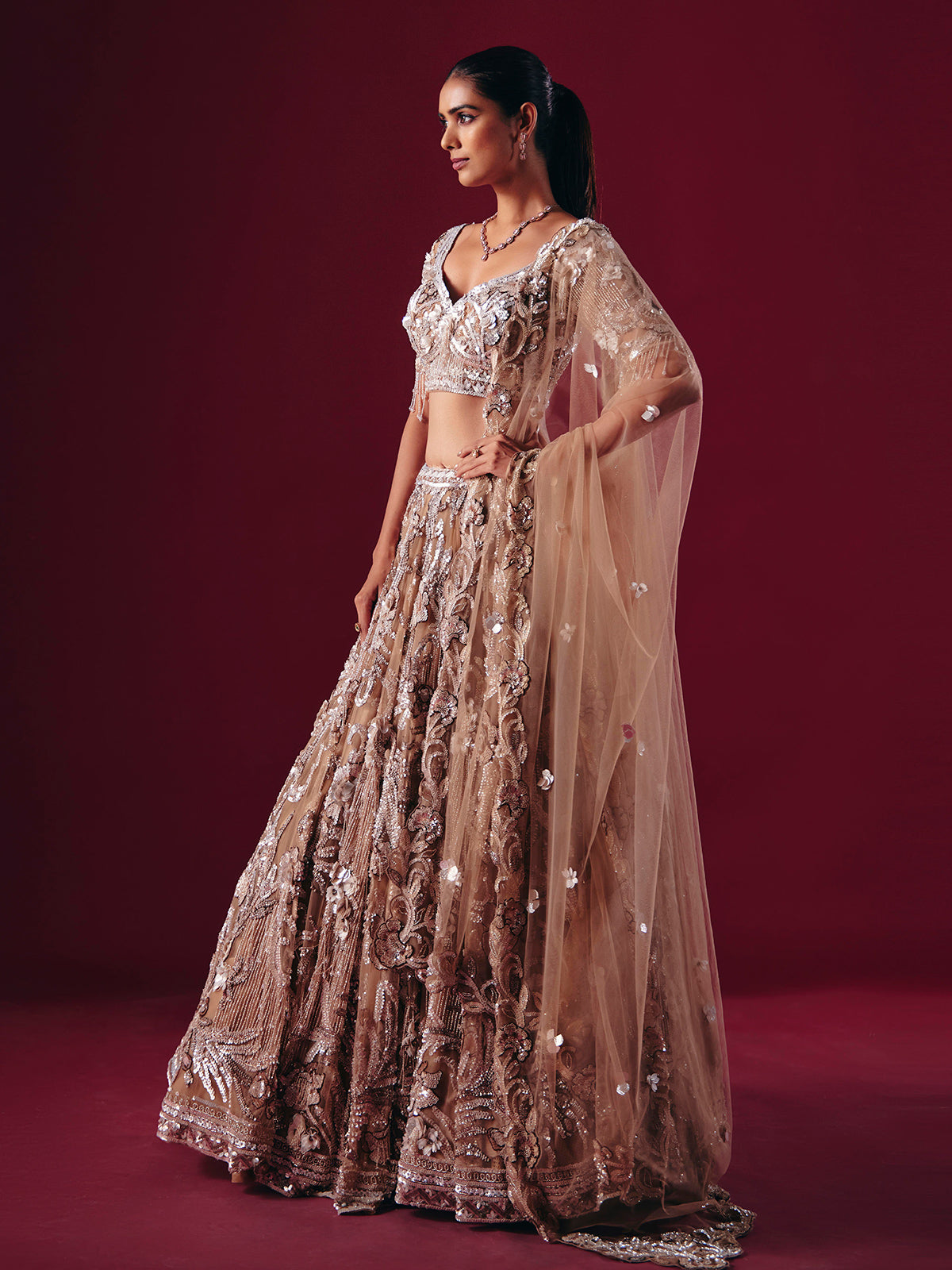 Beige net designer diamond lehenga choli