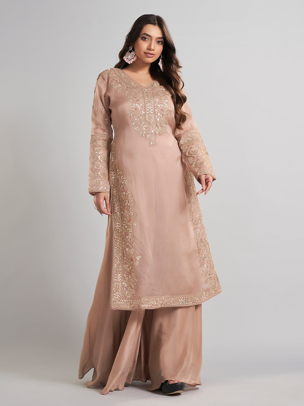 Beige pakistani designer silk palazzo suit