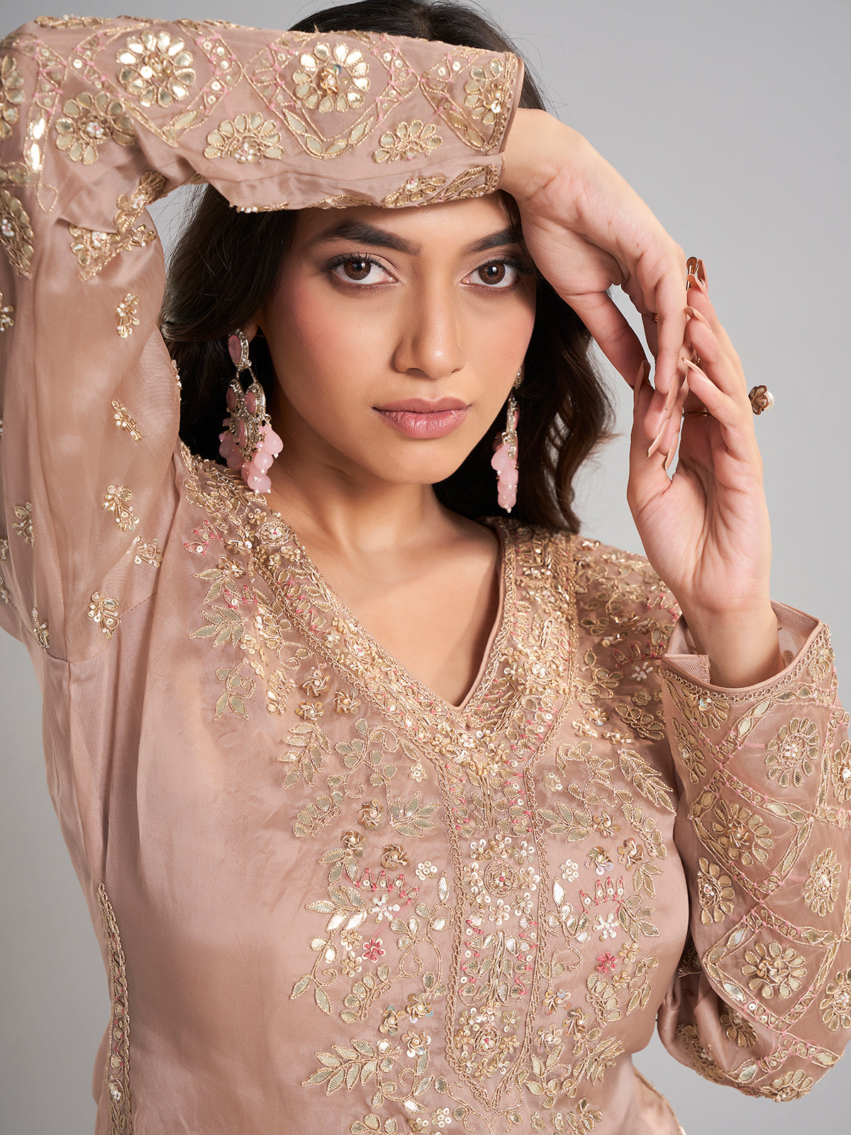 Beige pakistani designer silk palazzo suit