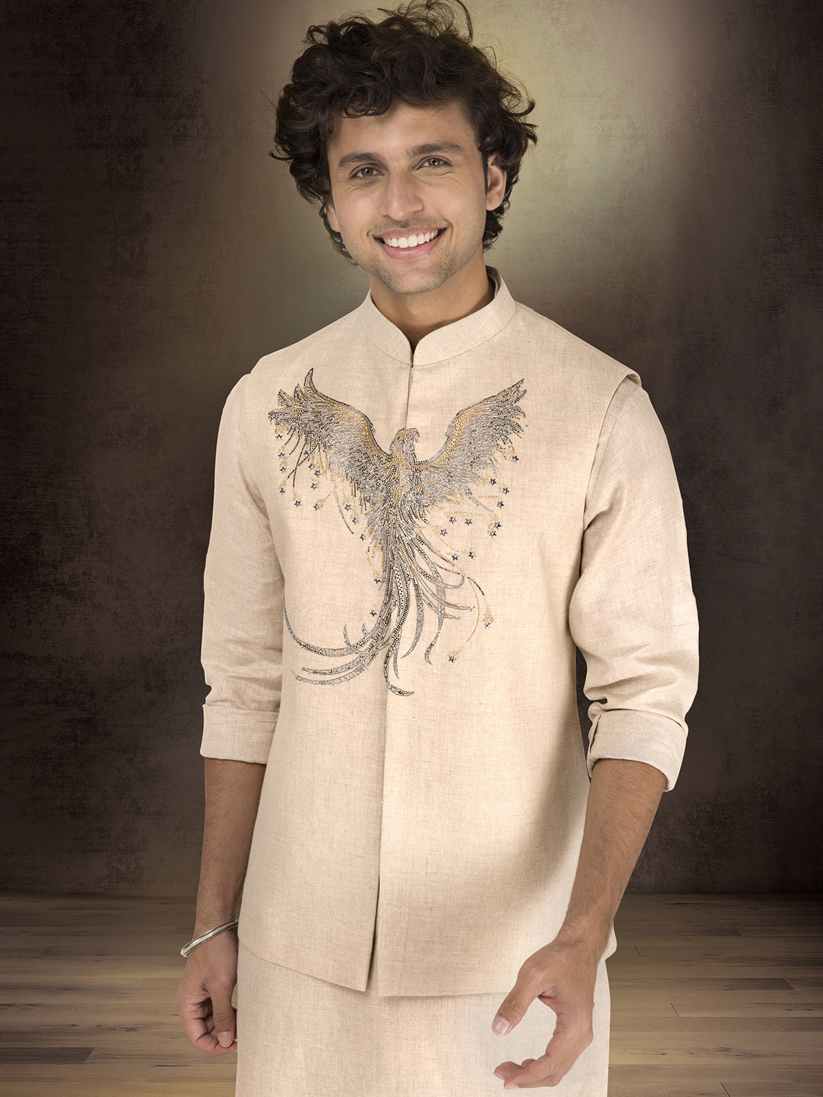 Beige pure linen stone work waistcoat set